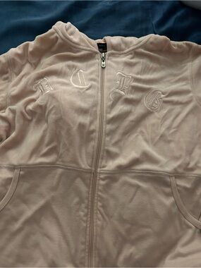 BCBG MAX AZRIA Y2K Pale Pink Peach Velour Zip-Up Hoodie Jacket